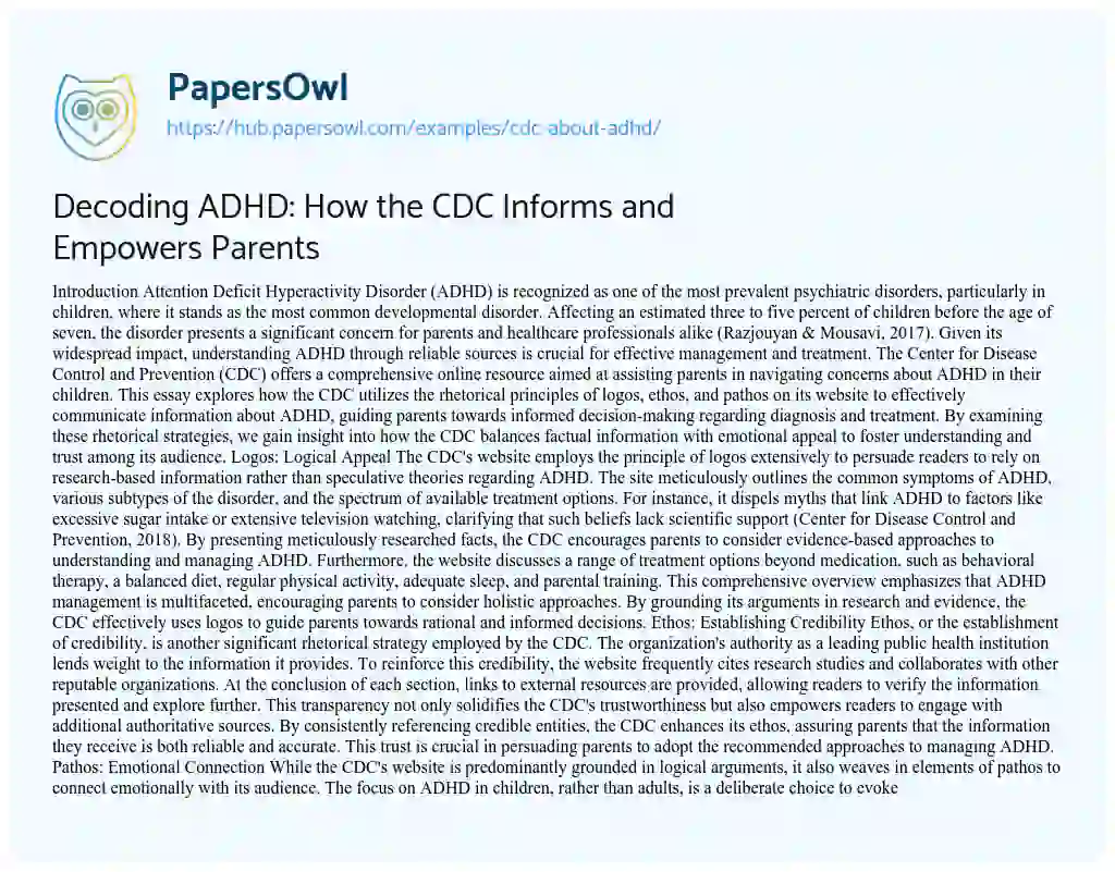 Essay on Decoding ADHD: How the CDC Informs and Empowers Parents