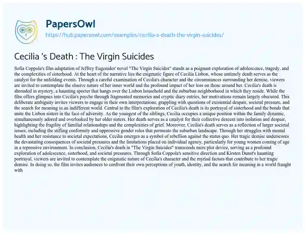 Essay on Cecilia ‘s Death : The Virgin Suicides
