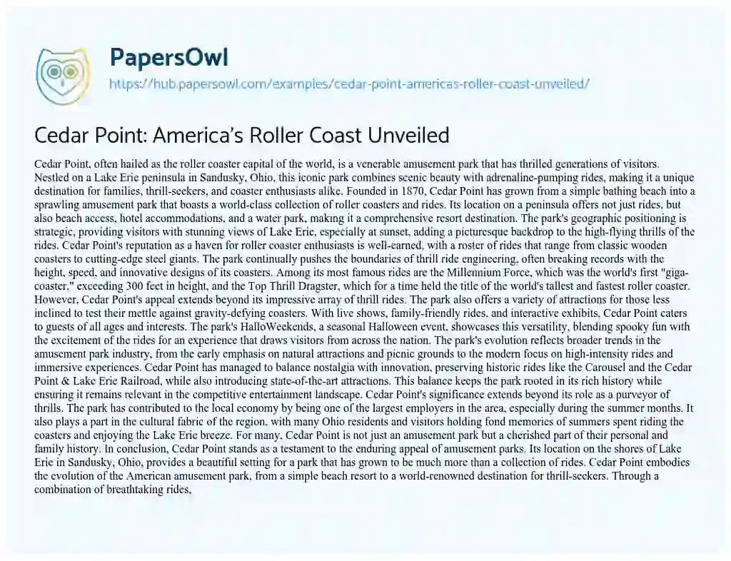 Essay on Cedar Point: America’s Roller Coast Unveiled
