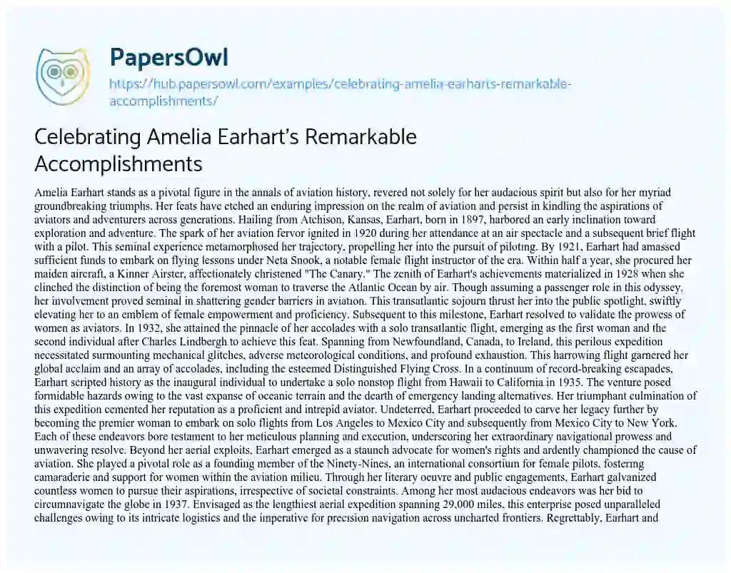Essay on Celebrating Amelia Earhart’s Remarkable Accomplishments
