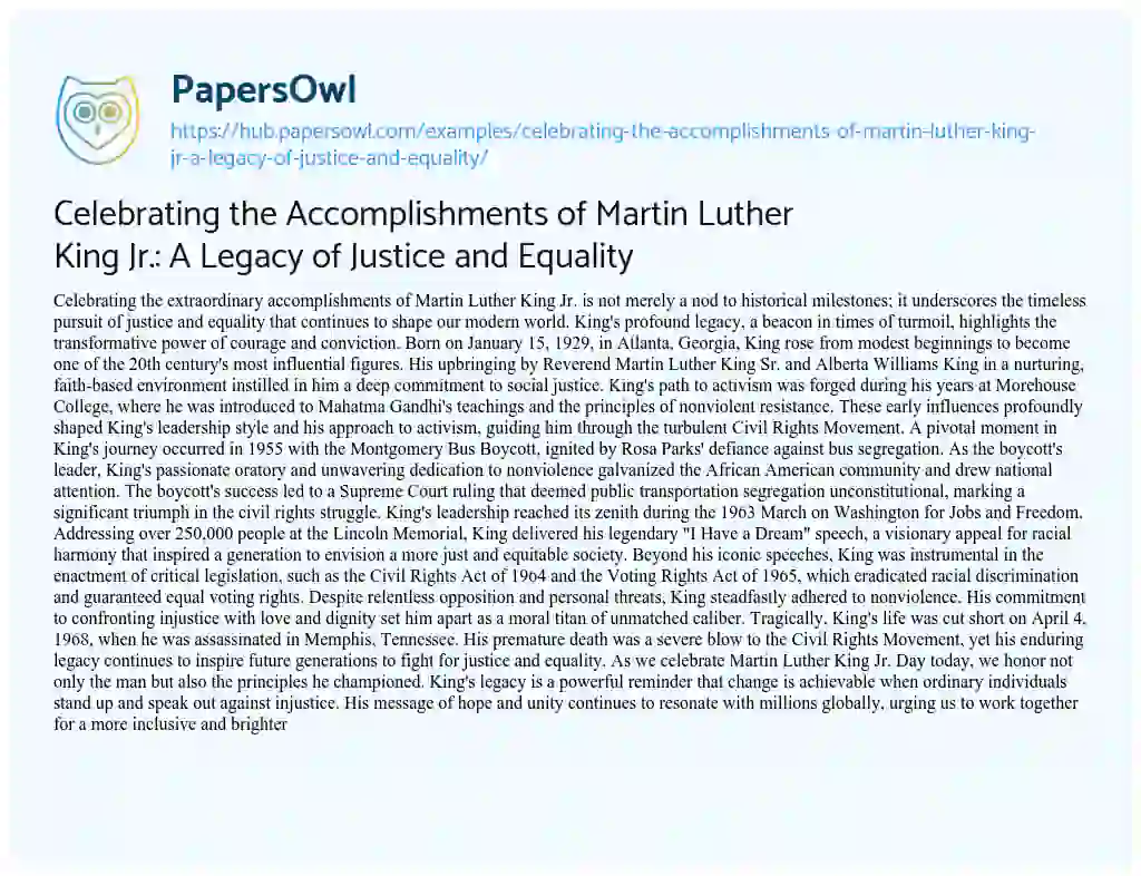 Essay on Celebrating the Accomplishments of Martin Luther King Jr.: A Legacy of Justice and Equality