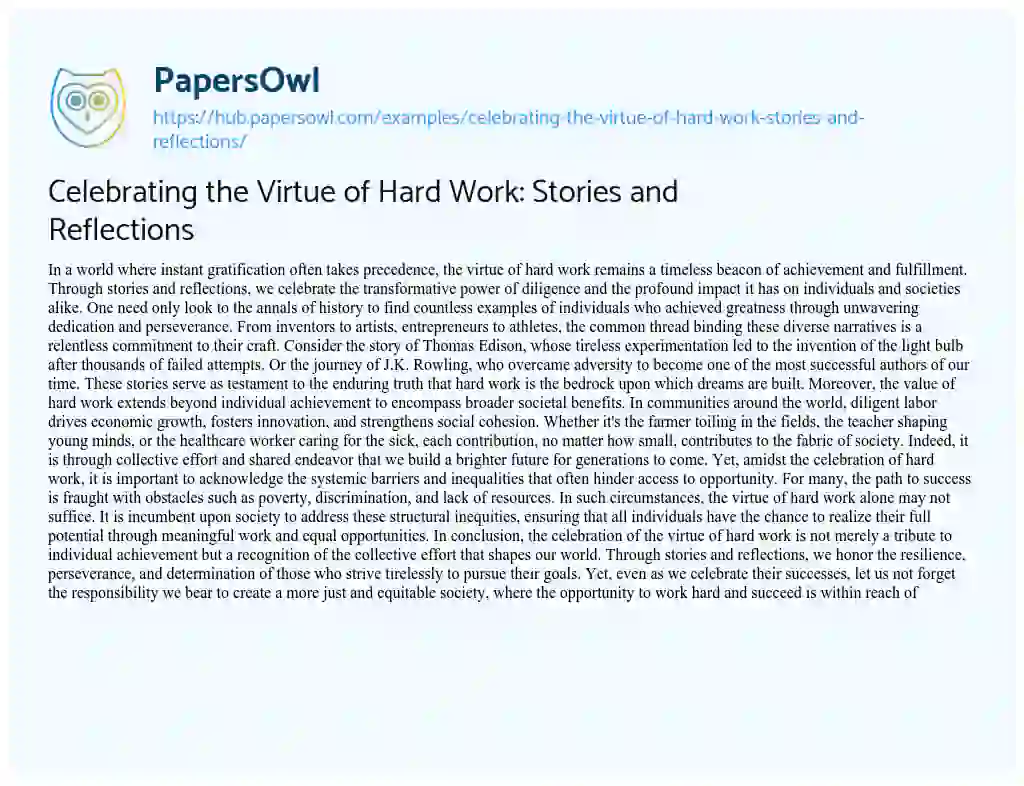 Essay on Celebrating the Virtue of Hard Work: Stories and Reflections