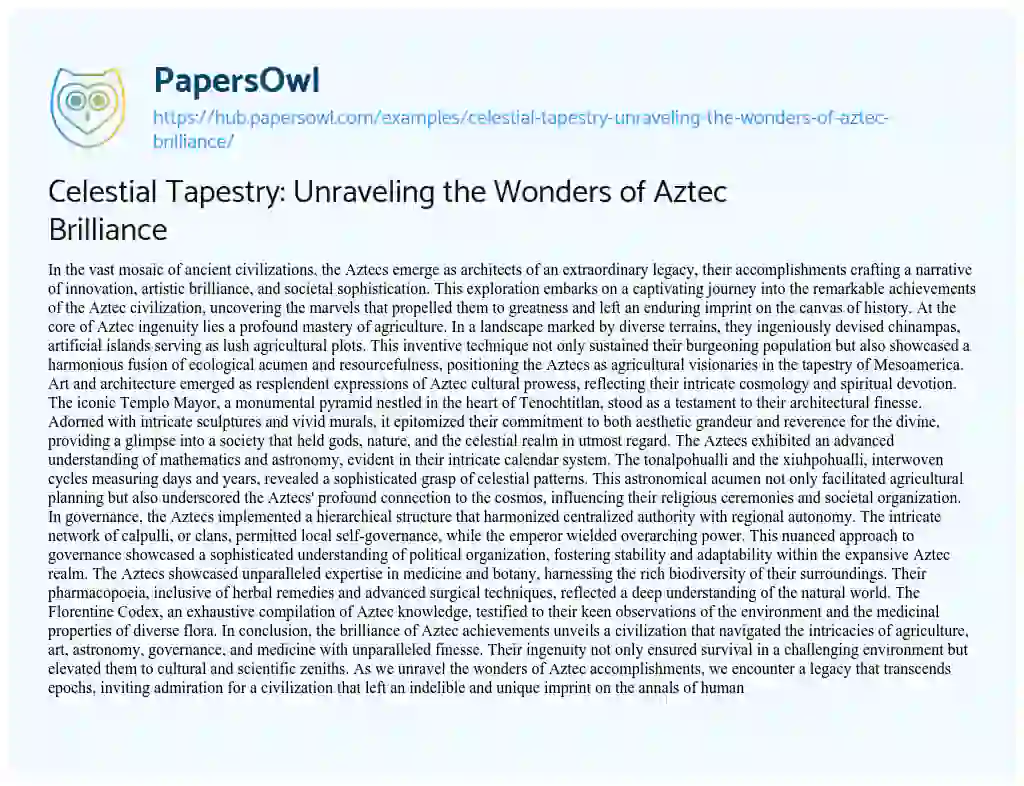 Essay on Celestial Tapestry: Unraveling the Wonders of Aztec Brilliance