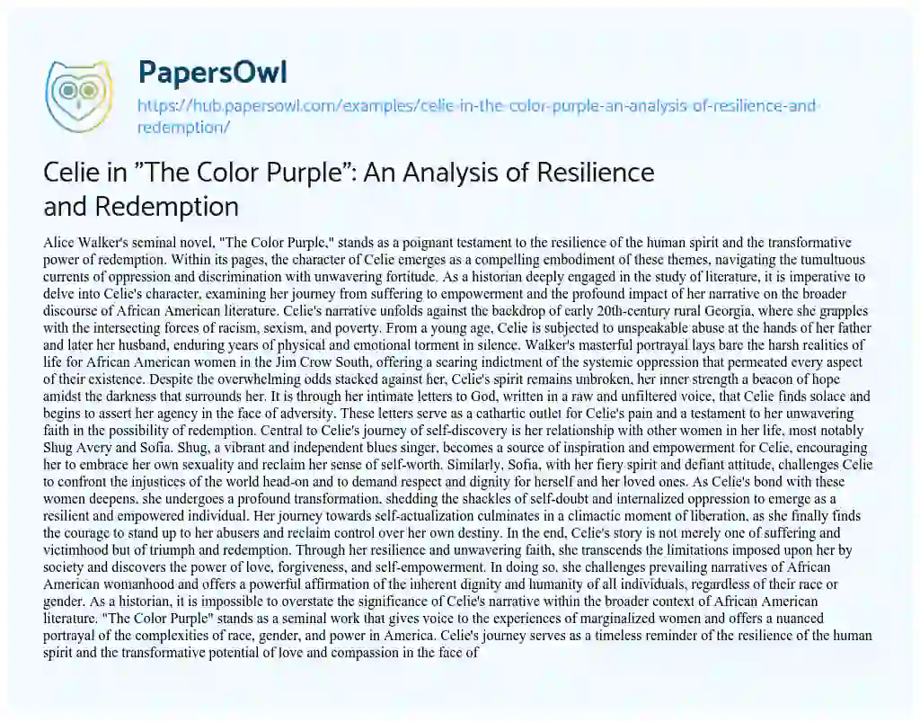 Essay on Celie in “The Color Purple”: An Analysis of Resilience and Redemption