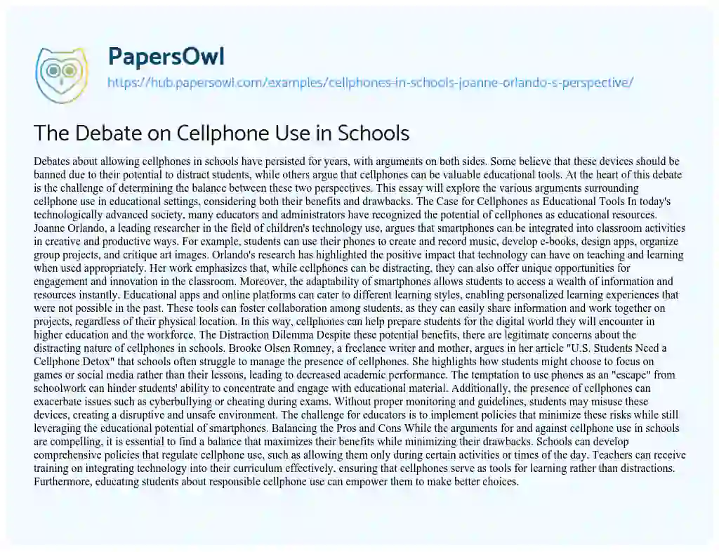 Essay on The Debate on Cellphone Use in Schools