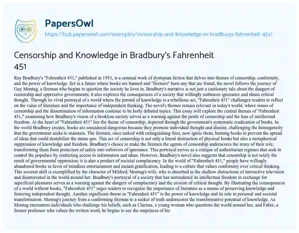Essay on Censorship and Knowledge in Bradbury’s Fahrenheit 451
