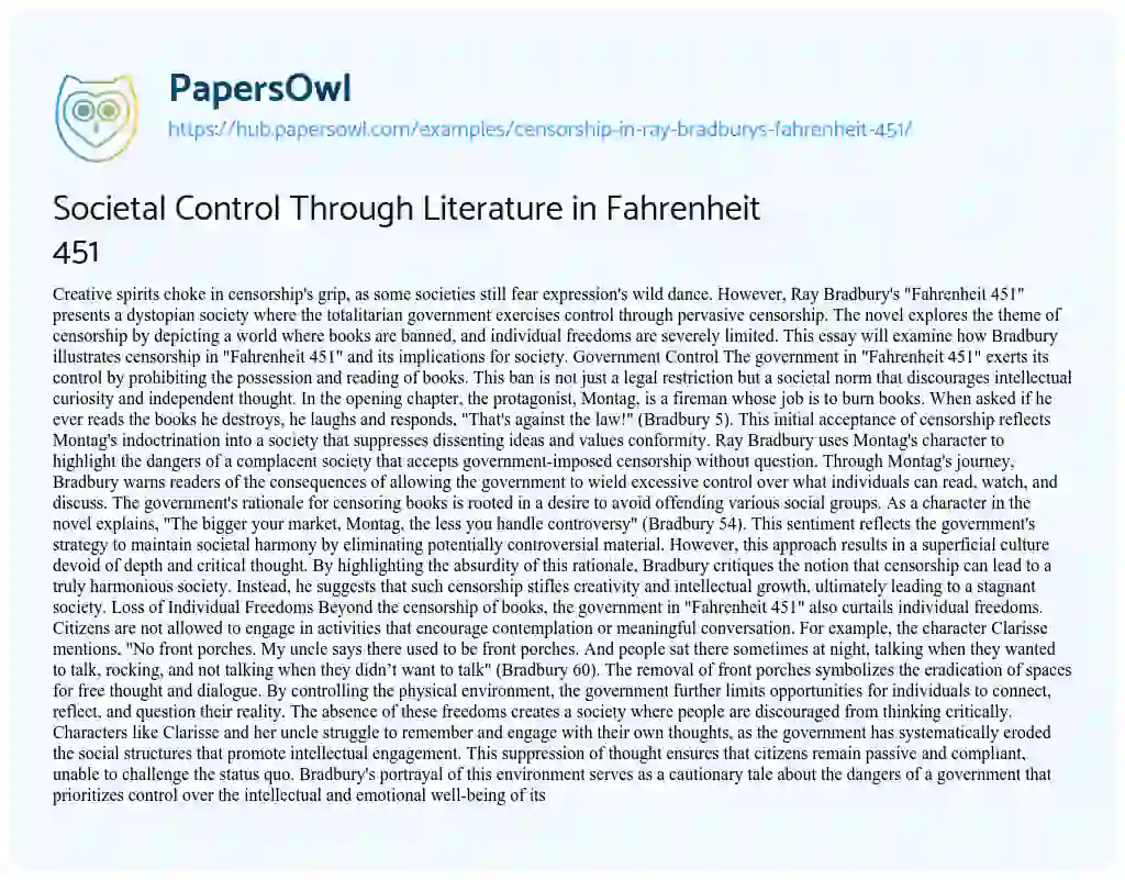 Essay on Societal Control Through Literature in Fahrenheit 451