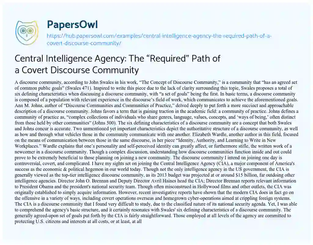 Essay on Central Intelligence Agency: The “Required” Path of a Covert Discourse Community