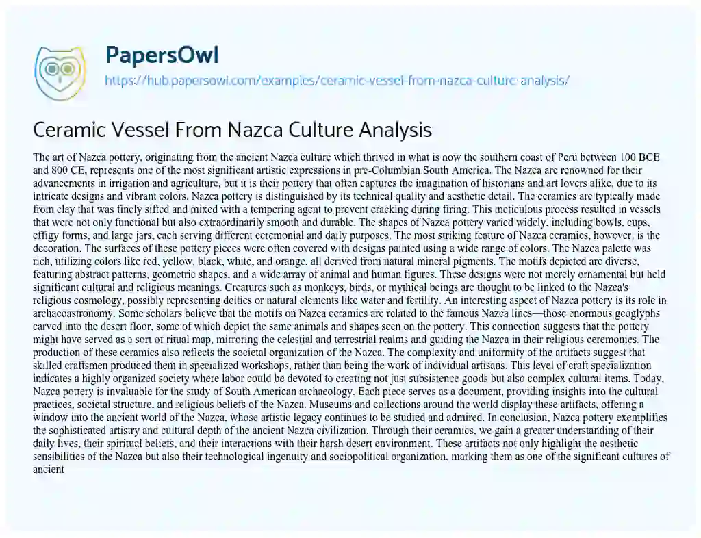 Essay on Ceramic Vessel From Nazca Culture Analysis