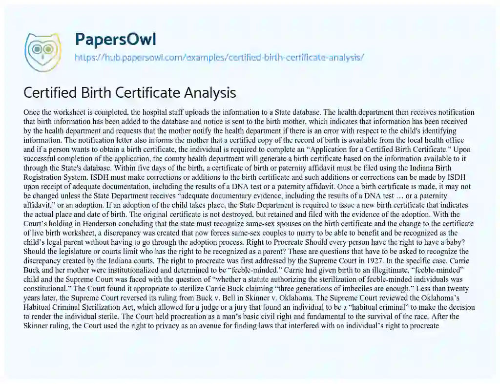 Essay on Certified Birth Certificate Analysis