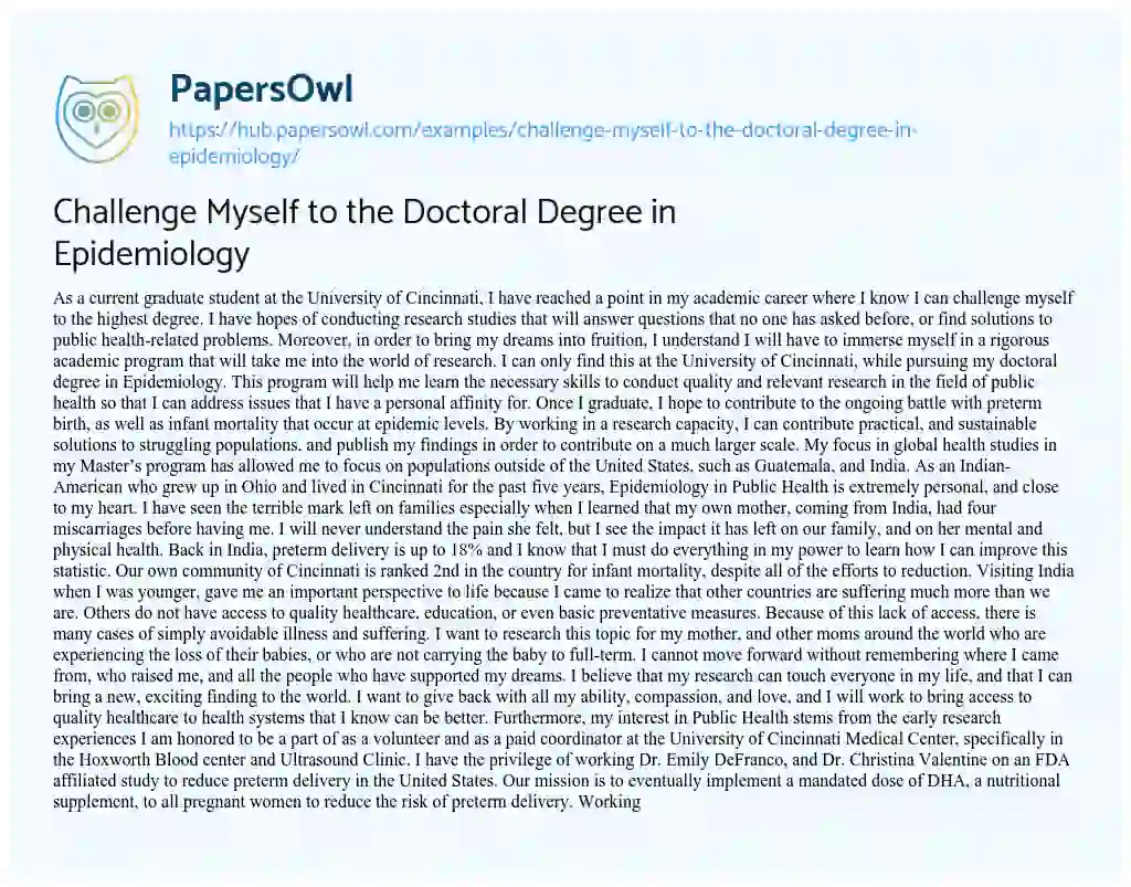 Essay on Challenge Myself to the Doctoral Degree in Epidemiology