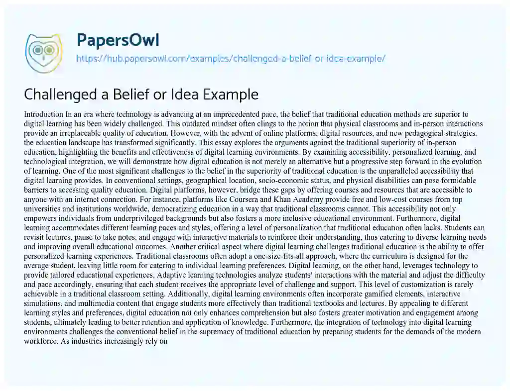 Essay on Challenged a Belief or Idea Example