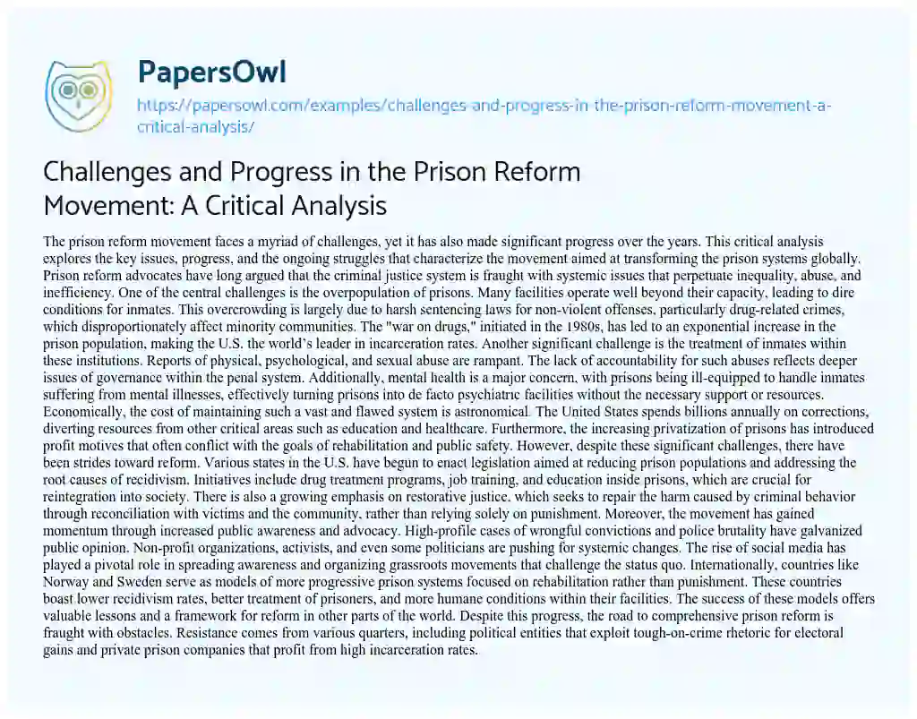 Essay on Challenges and Progress in the Prison Reform Movement: A Critical Analysis