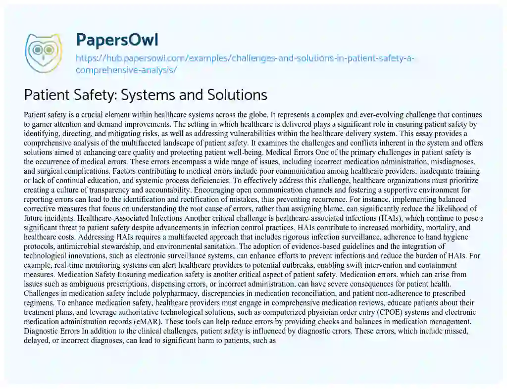 Essay on Patient Safety: Systems and Solutions