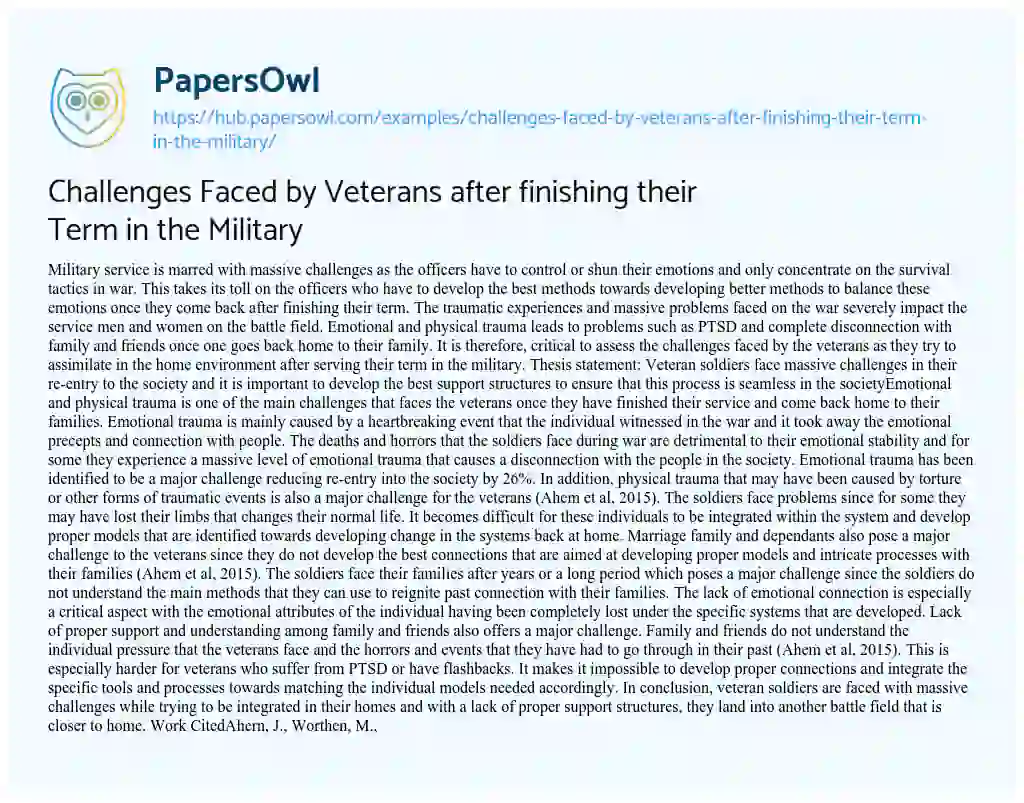 Essay on Challenges Faced by Veterans after finishing their Term in the Military