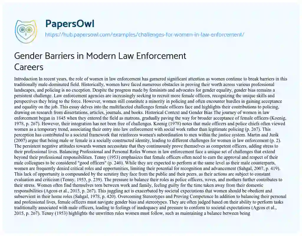 Essay on Gender Barriers in Modern Law Enforcement Careers