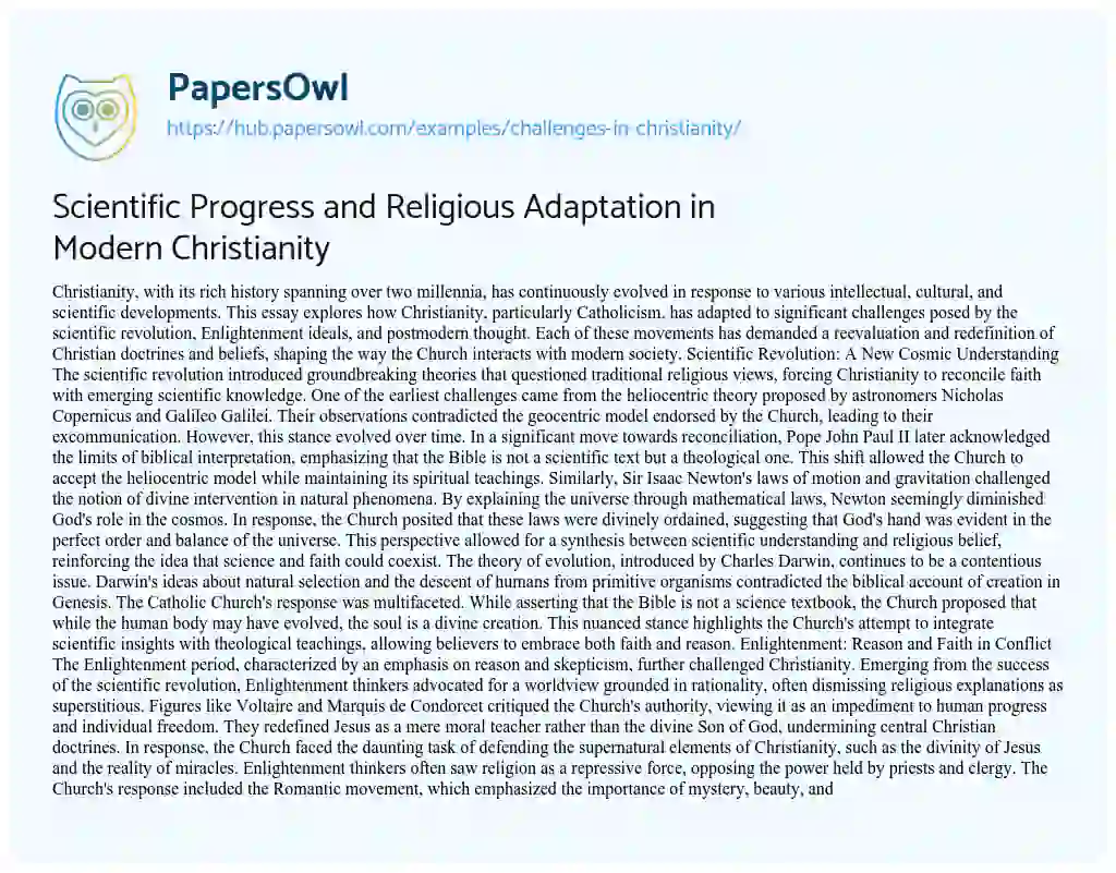 Essay on Scientific Progress and Religious Adaptation in Modern Christianity