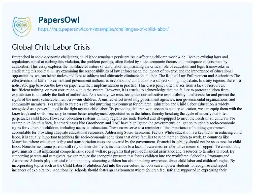 Essay on Global Child Labor Crisis