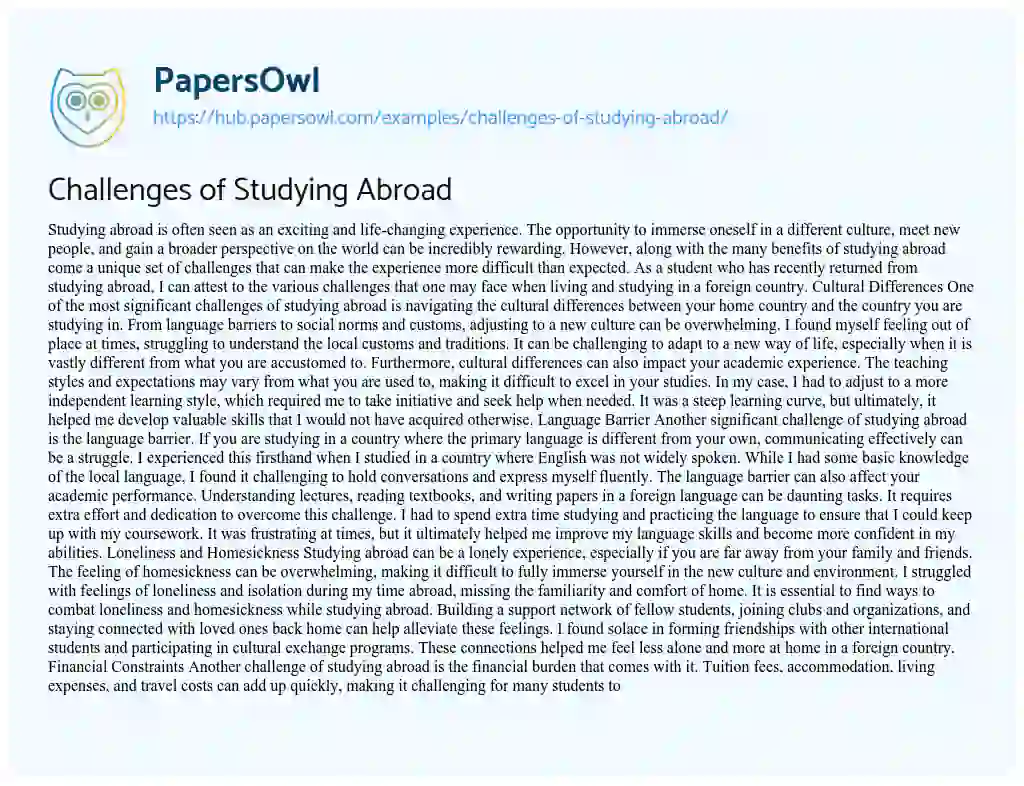 Essay on Challenges of Studying Abroad