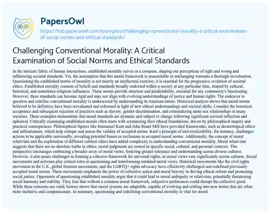 Essay on Challenging Conventional Morality: A Critical Examination of Social Norms and Ethical Standards