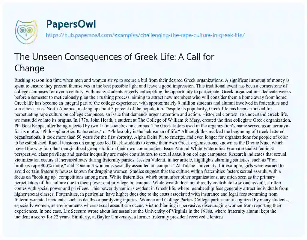 Essay on The Unseen Consequences of Greek Life: A Call for Change