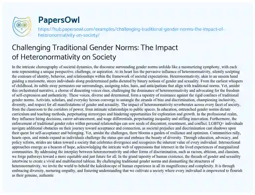 Essay on Challenging Traditional Gender Norms: The Impact of Heteronormativity on Society