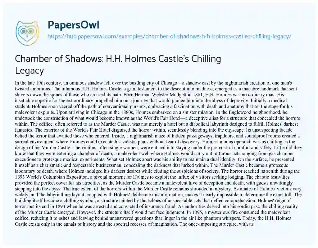 Essay on Chamber of Shadows: H.H. Holmes Castle’s Chilling Legacy