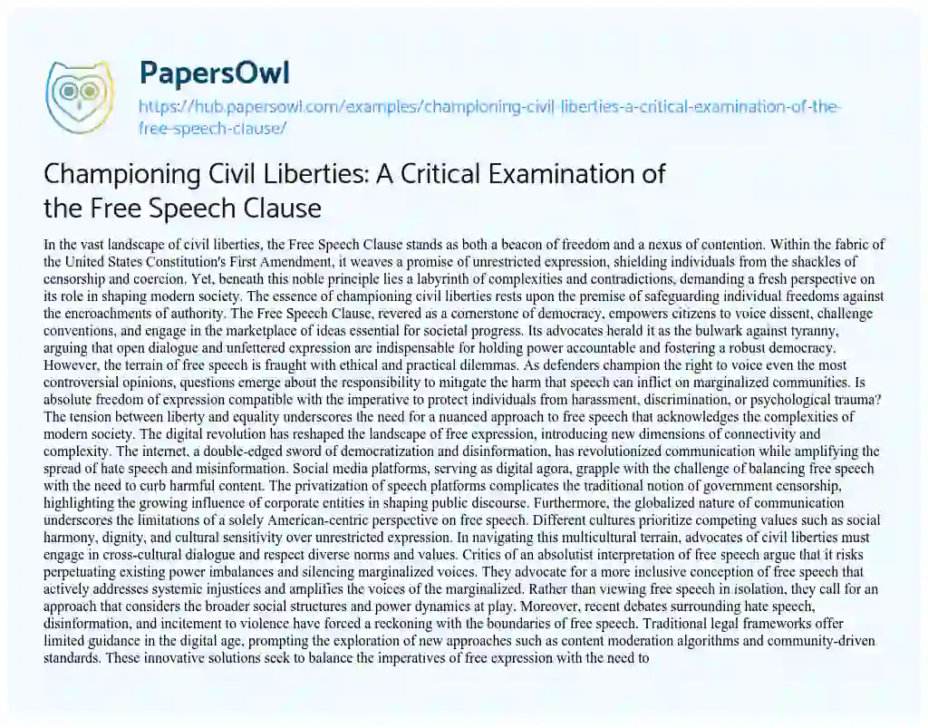 Essay on Championing Civil Liberties: A Critical Examination of the Free Speech Clause