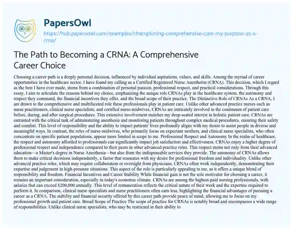 Essay on The Path to Becoming a CRNA: A Comprehensive Career Choice
