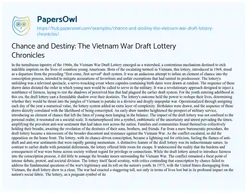 Essay on Chance and Destiny: The Vietnam War Draft Lottery Chronicles