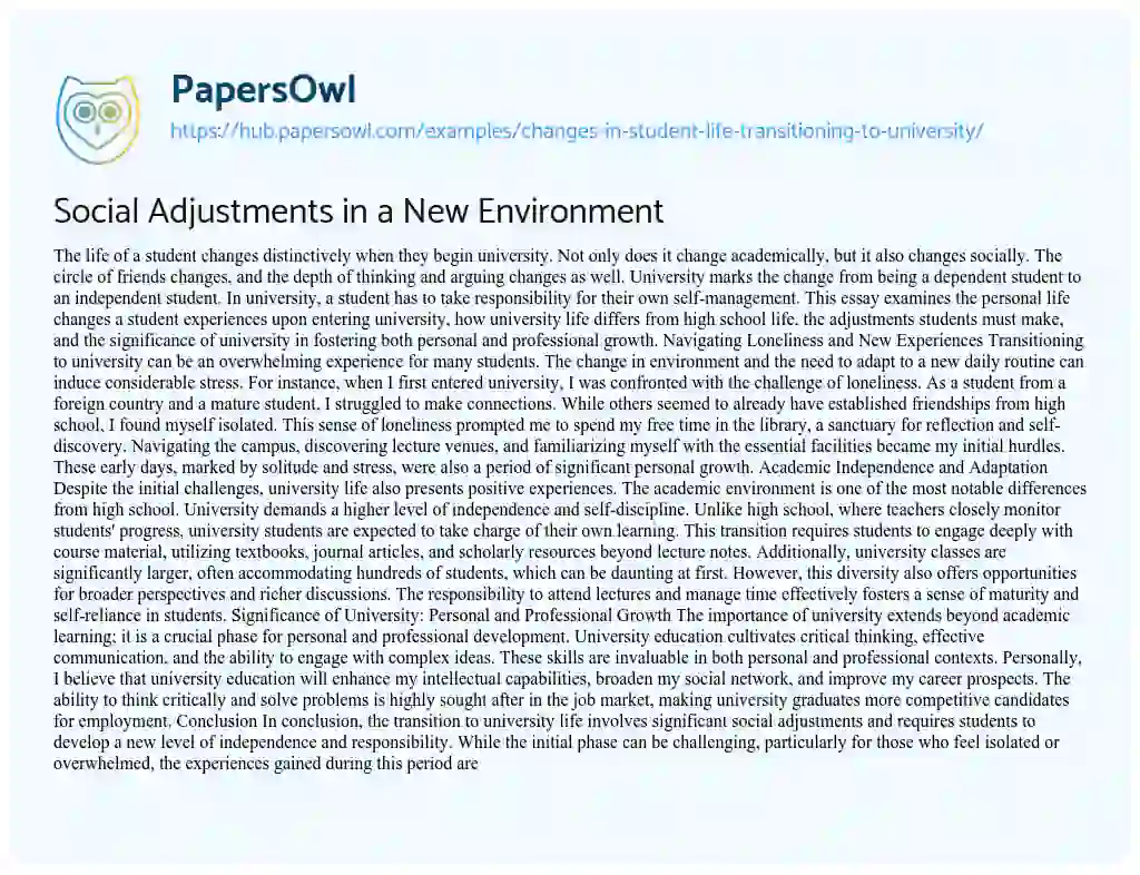 Essay on Social Adjustments in a New Environment
