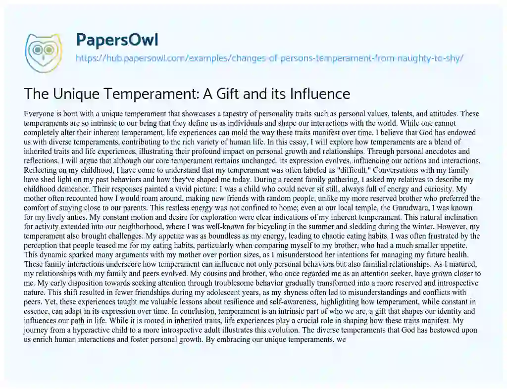 Essay on The Unique Temperament: A Gift and its Influence