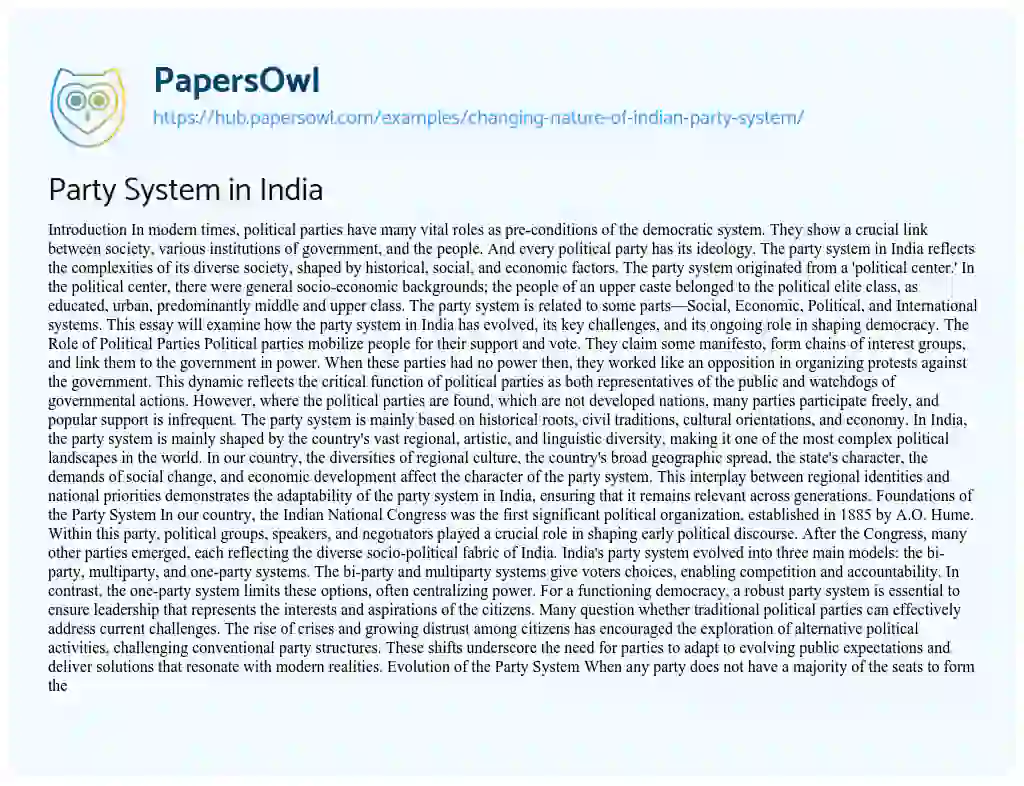 Essay on Party System in India