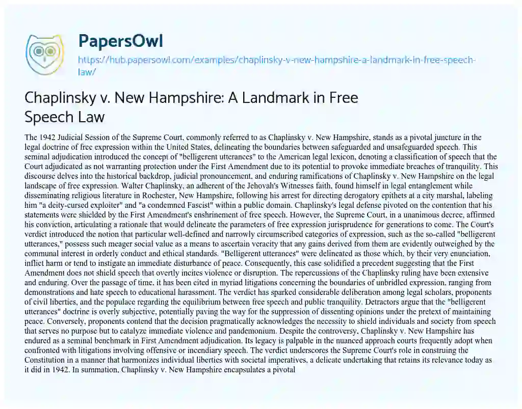 Essay on Chaplinsky v. New Hampshire: A Landmark in Free Speech Law