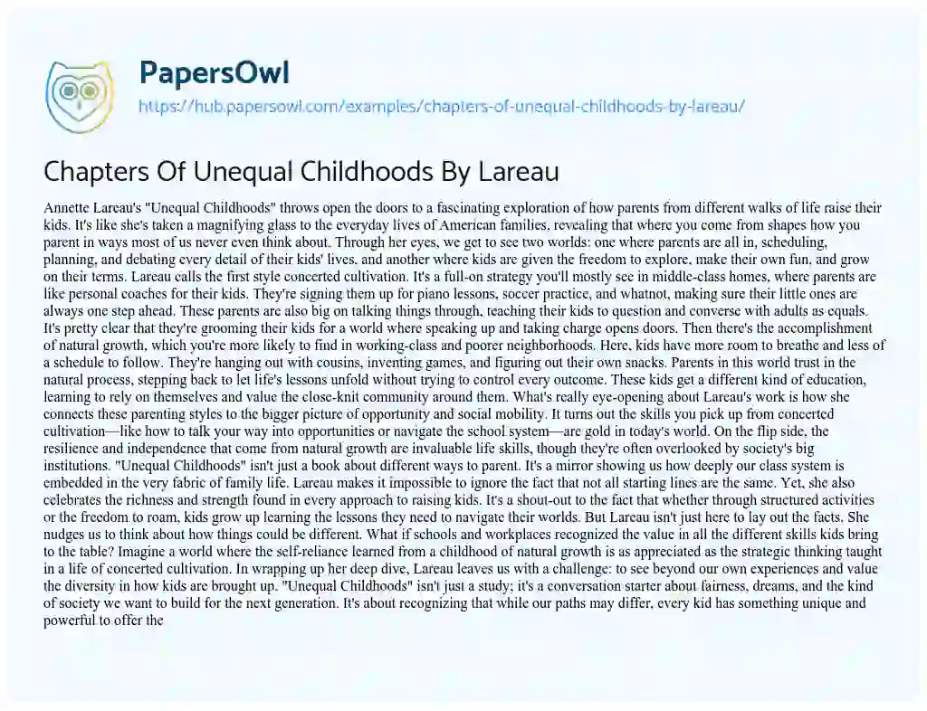 Essay on Chapters Of Unequal Childhoods By Lareau