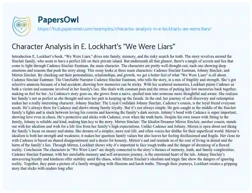 Essay on Character Analysis in E. Lockhart’s “We Were Liars”