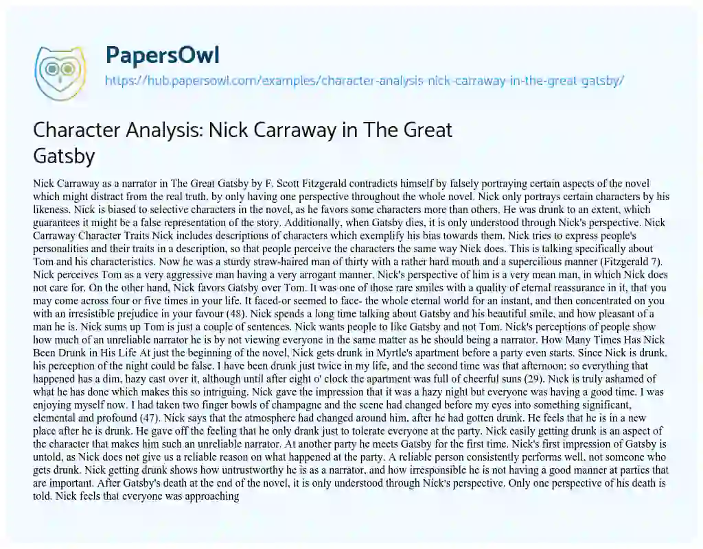 Essay on Character Analysis: Nick Carraway in The Great Gatsby
