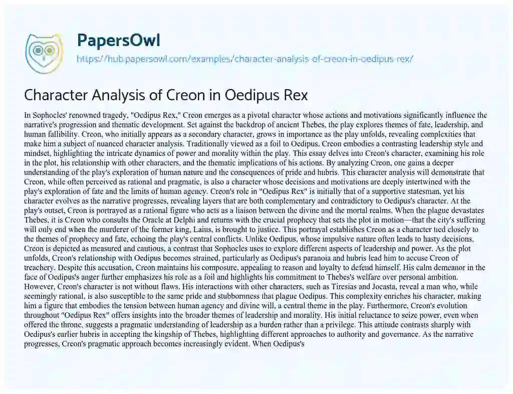 Essay on Character Analysis of Creon in Oedipus Rex