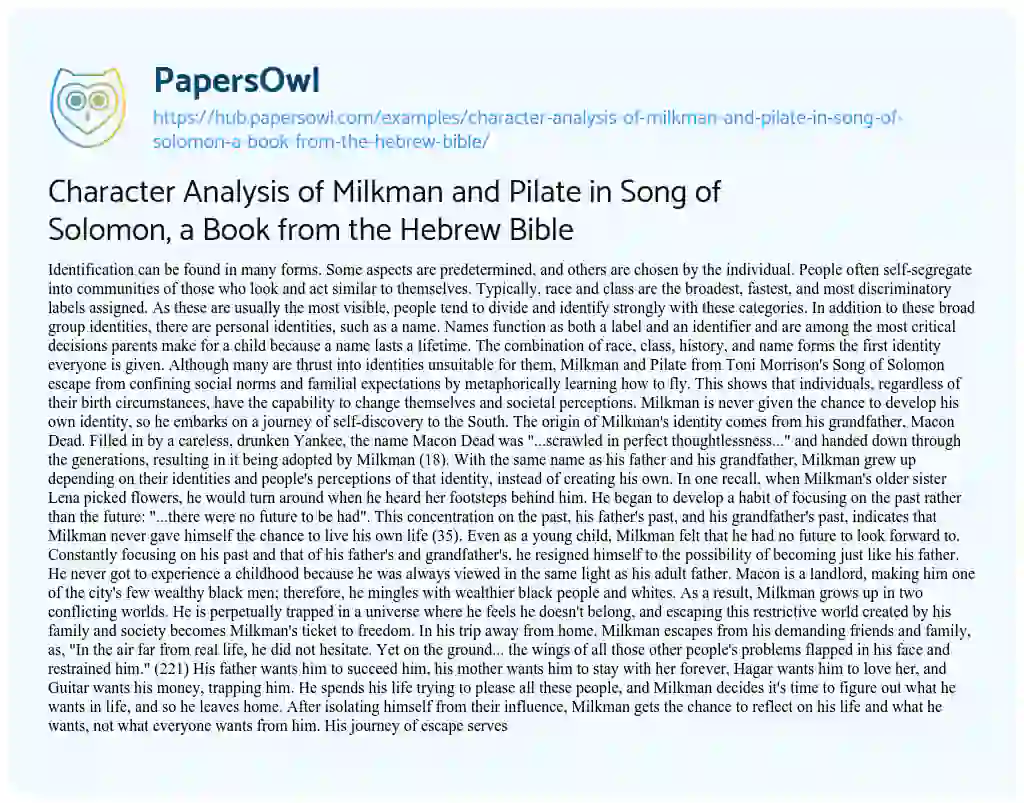 Essay on Character Analysis of Milkman and Pilate in Song of Solomon, a Book from the Hebrew Bible