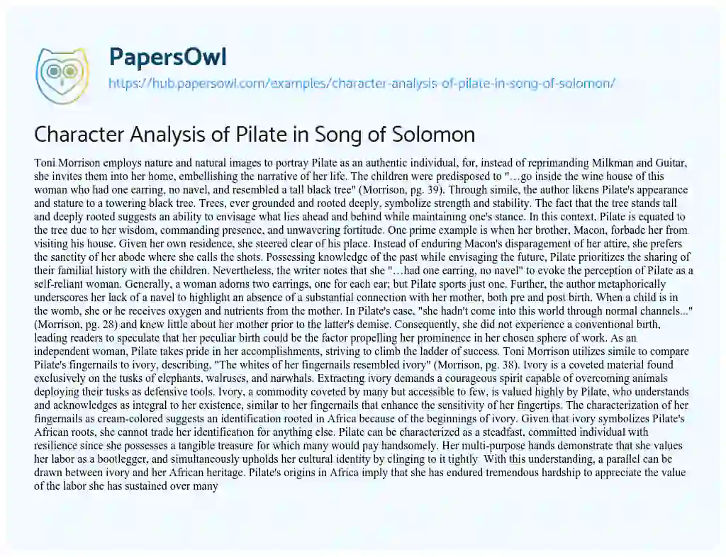 Essay on Character Analysis of Pilate in Song of Solomon
