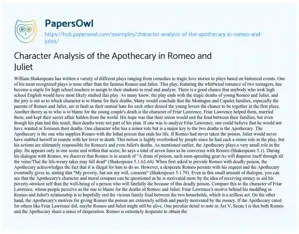 Essay on Character Analysis of the Apothecary in Romeo and Juliet