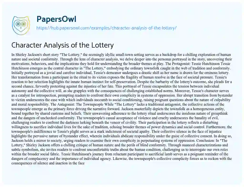 Essay on Character Analysis of the Lottery