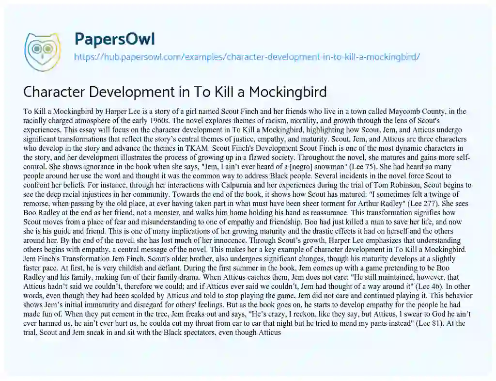 Essay on Character Development in To Kill a Mockingbird