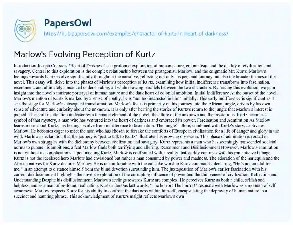 Essay on Marlow’s Evolving Perception of Kurtz