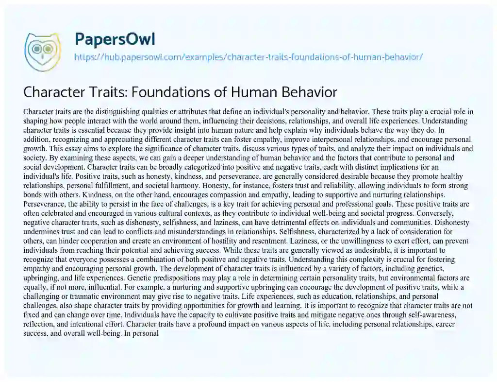 Essay on Character Traits: Foundations of Human Behavior