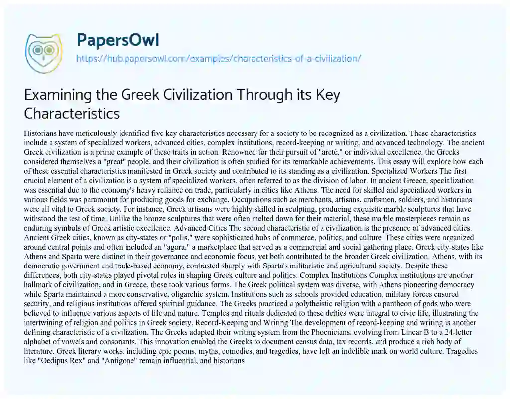 Essay on Examining the Greek Civilization Through its Key Characteristics
