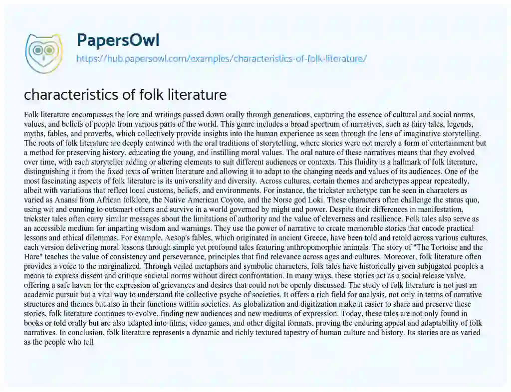 Essay on characteristics of folk literature