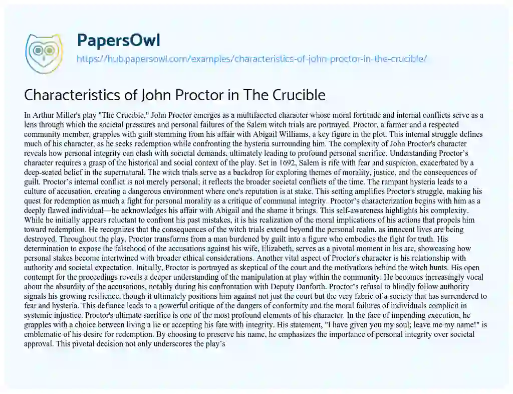 Essay on Characteristics of John Proctor in The Crucible