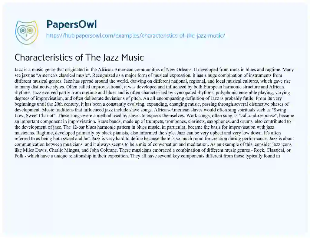 Essay on Characteristics of The Jazz Music