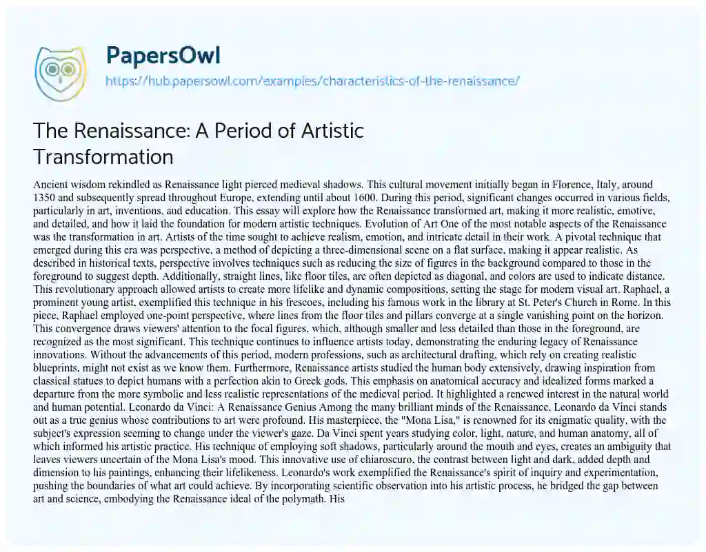 Essay on The Renaissance: A Period of Artistic Transformation